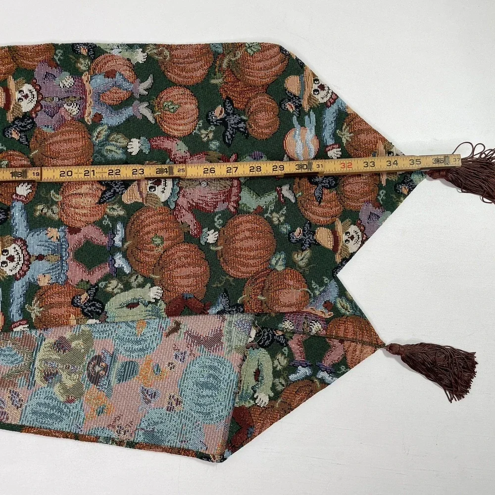 Vintage Autumn Table Runner Fall Decor Pumpkin Scarecrow Brown Tassels 71 Inch